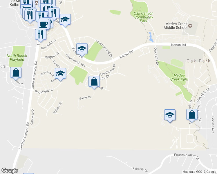 map of restaurants, bars, coffee shops, grocery stores, and more near 350 Anzio Way in Oak Park