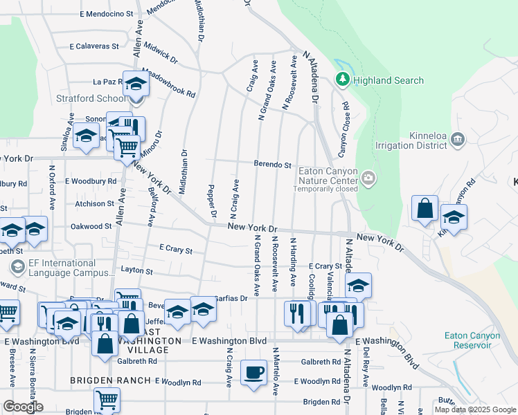 map of restaurants, bars, coffee shops, grocery stores, and more near 1742 North Grand Oaks Avenue in Pasadena