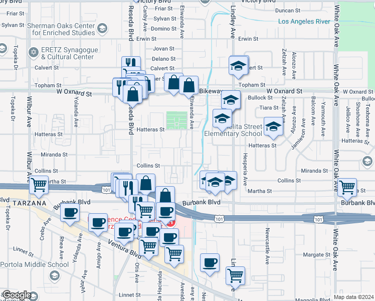 map of restaurants, bars, coffee shops, grocery stores, and more near 5731 Etiwanda Avenue in Los Angeles