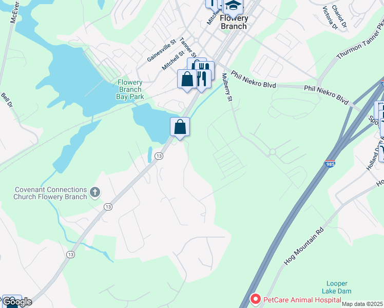 map of restaurants, bars, coffee shops, grocery stores, and more near 5637 Flowery Way in Flowery Branch