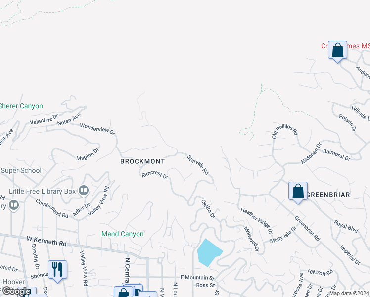 map of restaurants, bars, coffee shops, grocery stores, and more near 1990 Starvale Road in Glendale