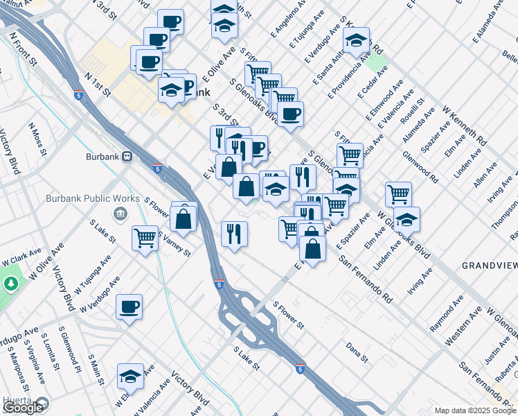 map of restaurants, bars, coffee shops, grocery stores, and more near 116 East Cedar Avenue in Burbank