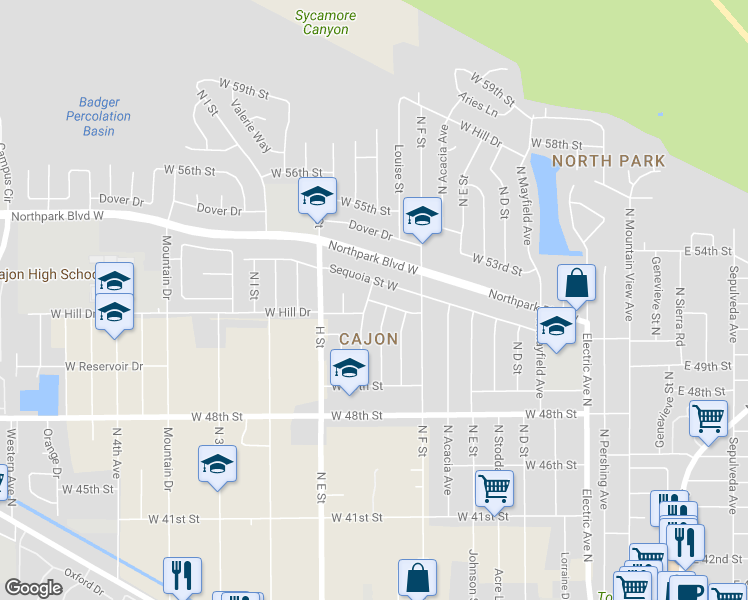map of restaurants, bars, coffee shops, grocery stores, and more near 694 52nd Street in San Bernardino