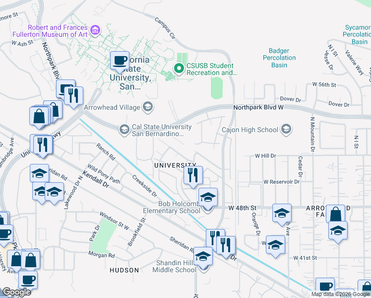 map of restaurants, bars, coffee shops, grocery stores, and more near 1419 Northstar Street in San Bernardino