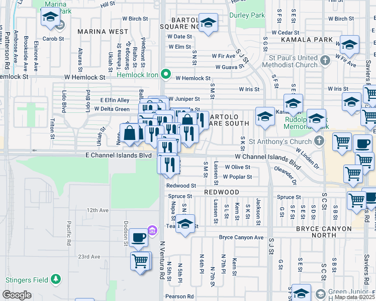 map of restaurants, bars, coffee shops, grocery stores, and more near 1345 West Channel Islands Boulevard in Oxnard