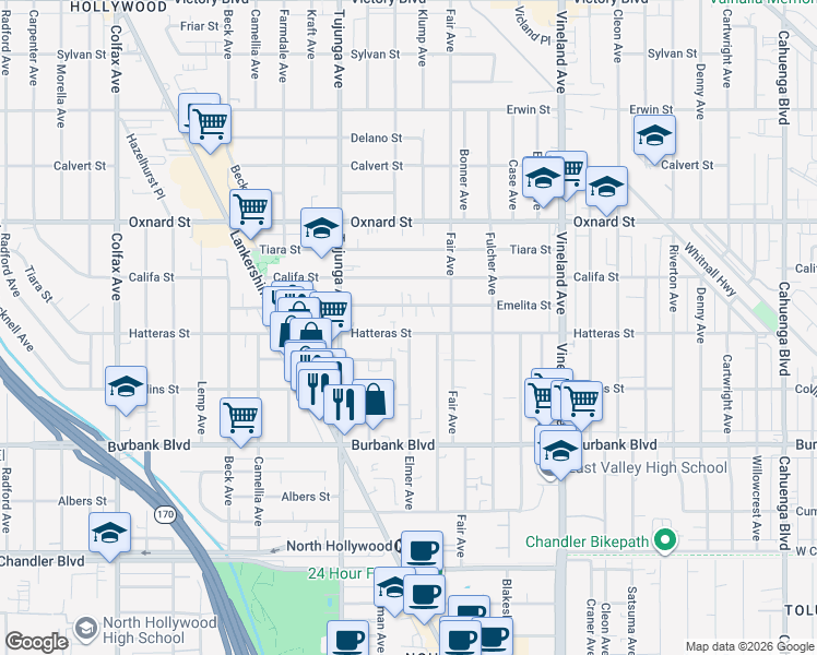 map of restaurants, bars, coffee shops, grocery stores, and more near 11305 Hatteras Street in Los Angeles