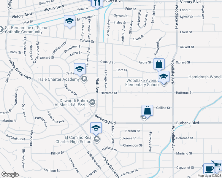 map of restaurants, bars, coffee shops, grocery stores, and more near 5811 Manton Avenue in Los Angeles