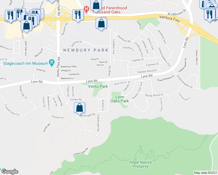 map of restaurants, bars, coffee shops, grocery stores, and more near 142 Heavenly Valley Road in Ventura County