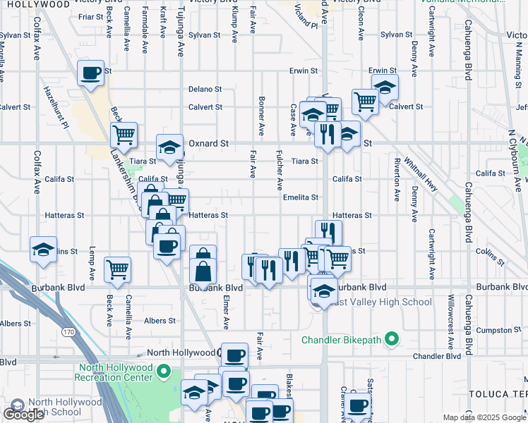 map of restaurants, bars, coffee shops, grocery stores, and more near 11127 Hatteras Street in Los Angeles