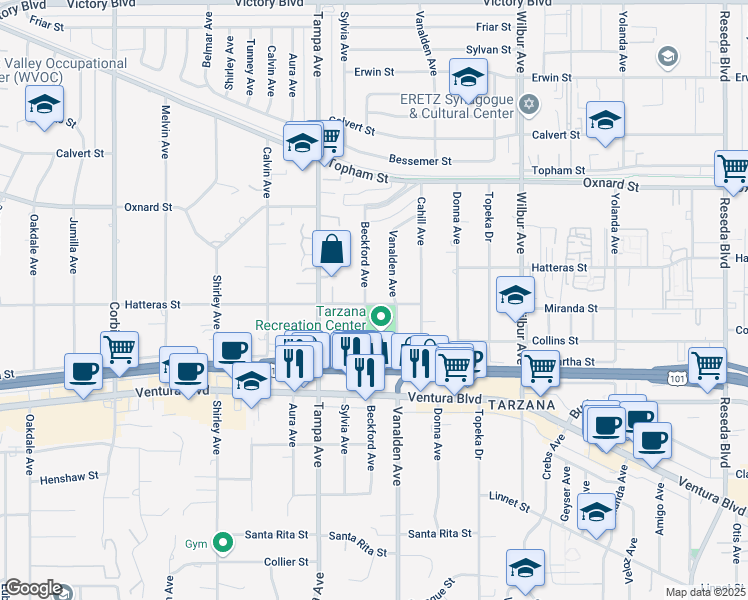 map of restaurants, bars, coffee shops, grocery stores, and more near 5802 Beckford Avenue in Los Angeles