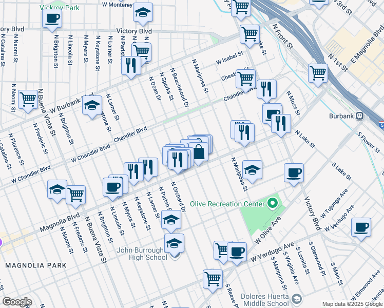 map of restaurants, bars, coffee shops, grocery stores, and more near 524 North Sparks Street in Burbank