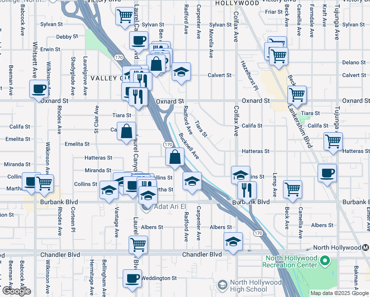 map of restaurants, bars, coffee shops, grocery stores, and more near 5805 Bucknell Avenue in Los Angeles