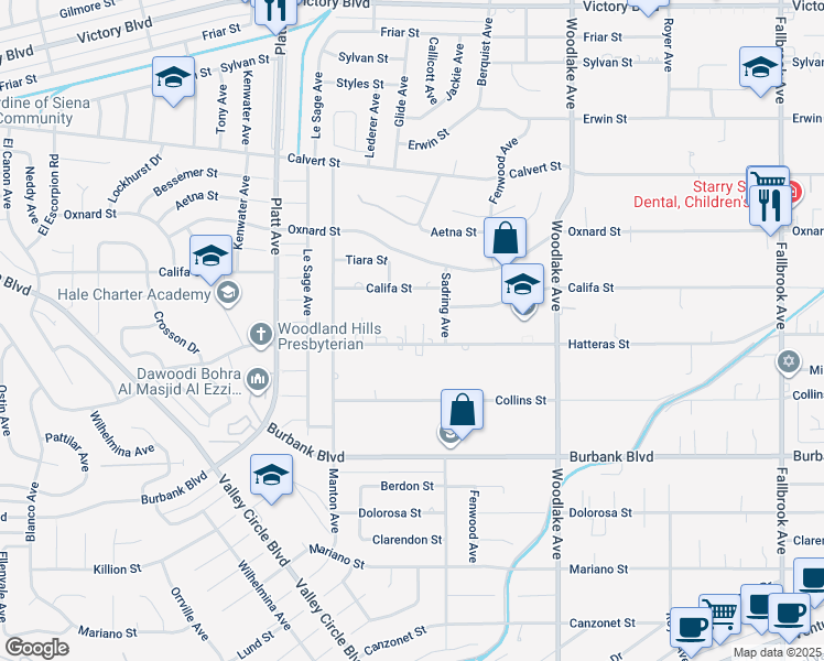 map of restaurants, bars, coffee shops, grocery stores, and more near 23443 Hatteras Street in Los Angeles