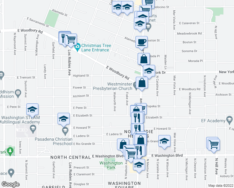 map of restaurants, bars, coffee shops, grocery stores, and more near 1750 Walworth Avenue in Pasadena