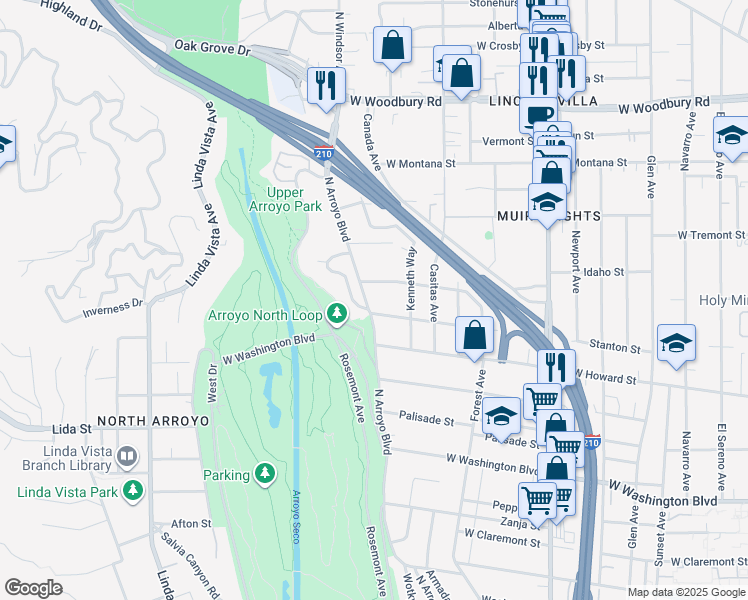map of restaurants, bars, coffee shops, grocery stores, and more near 1674 North Arroyo Boulevard in Pasadena