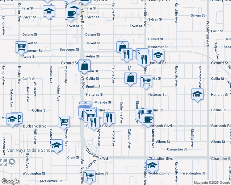 map of restaurants, bars, coffee shops, grocery stores, and more near 14259 Hatteras Street in Los Angeles