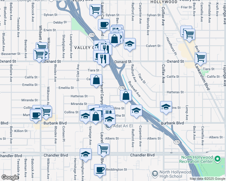 map of restaurants, bars, coffee shops, grocery stores, and more near 12018 Emelita Street in Los Angeles