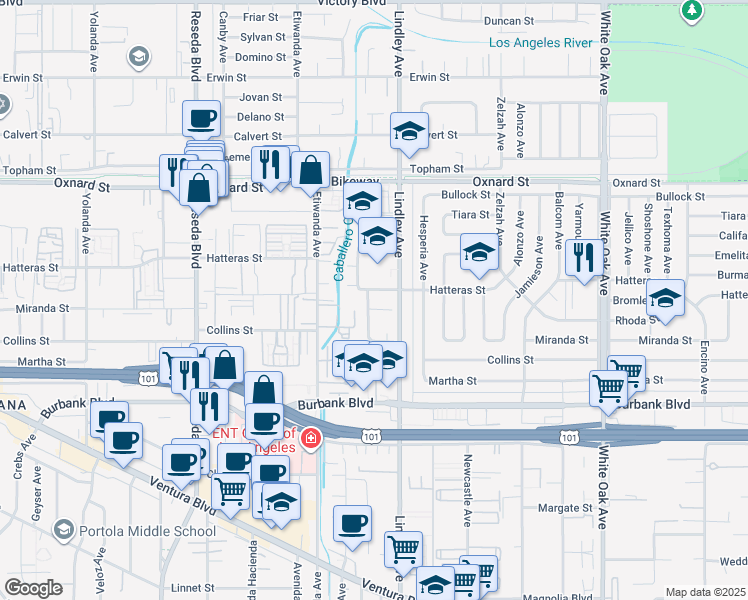 map of restaurants, bars, coffee shops, grocery stores, and more near 5742 Chimineas Avenue in Los Angeles