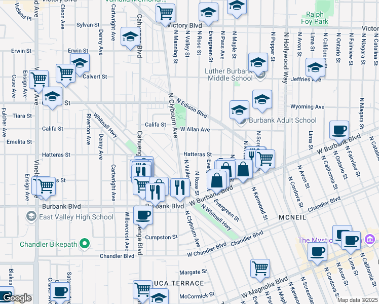 map of restaurants, bars, coffee shops, grocery stores, and more near 1500 North Valley Street in Burbank