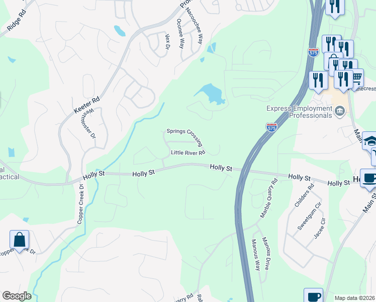 map of restaurants, bars, coffee shops, grocery stores, and more near 415 Little River Road in Canton