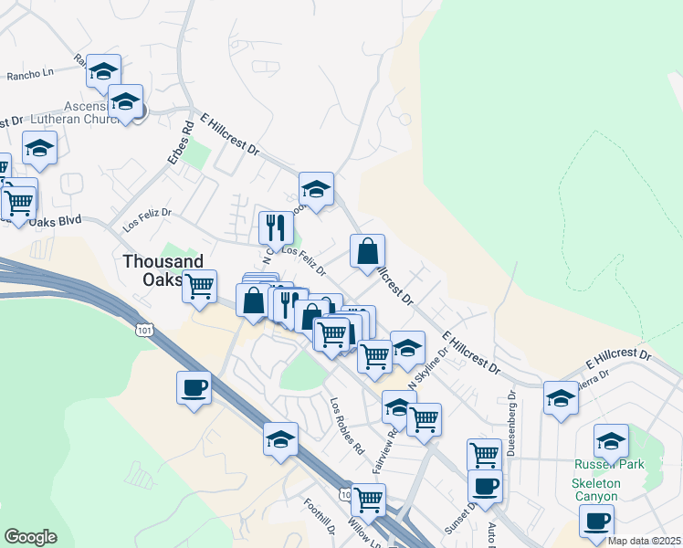 map of restaurants, bars, coffee shops, grocery stores, and more near 237 Whiteside Place in Thousand Oaks