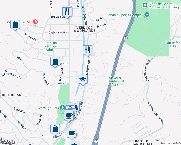 map of restaurants, bars, coffee shops, grocery stores, and more near 1841 North Verdugo Road in Glendale