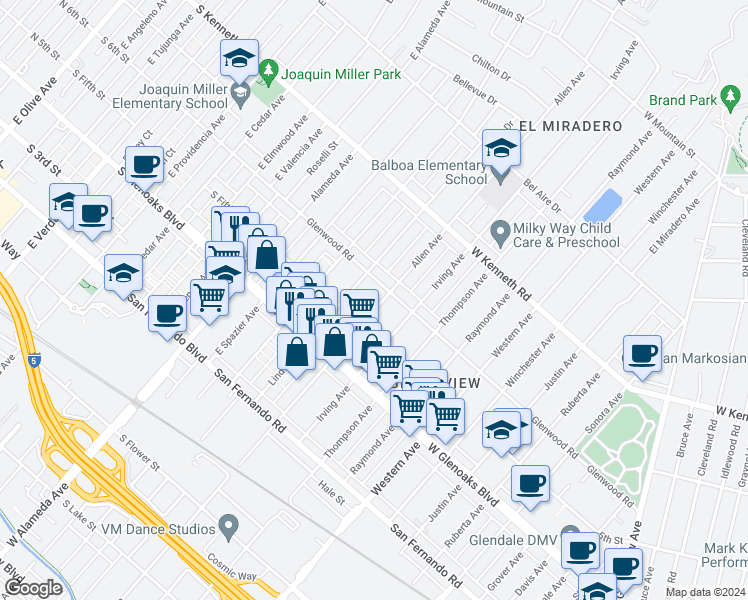 map of restaurants, bars, coffee shops, grocery stores, and more near 1173 Allen Avenue in Glendale