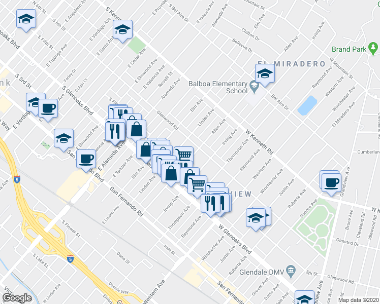 map of restaurants, bars, coffee shops, grocery stores, and more near 1173 Allen Avenue in Glendale