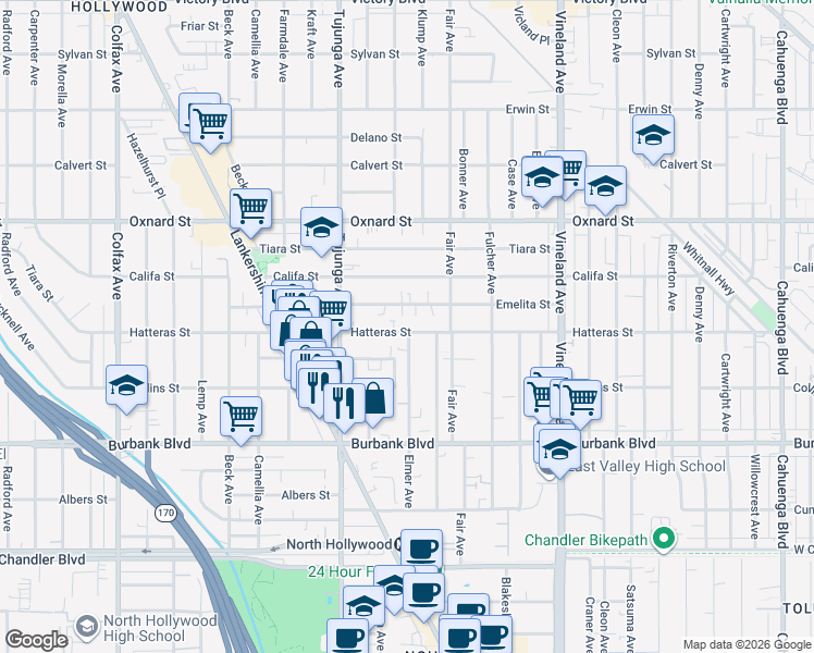 map of restaurants, bars, coffee shops, grocery stores, and more near 11305 Hatteras Street in Los Angeles