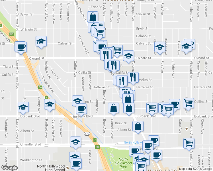map of restaurants, bars, coffee shops, grocery stores, and more near 11523 Hatteras Street in Los Angeles