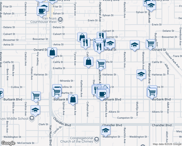 map of restaurants, bars, coffee shops, grocery stores, and more near 14143 Hatteras Street in Los Angeles