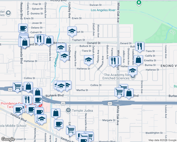 map of restaurants, bars, coffee shops, grocery stores, and more near 5779 Enfield Avenue in Los Angeles