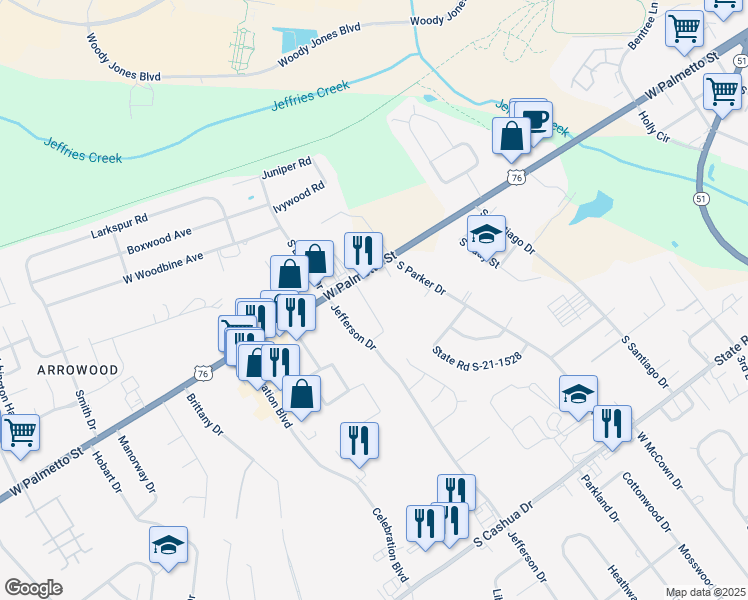 map of restaurants, bars, coffee shops, grocery stores, and more near 713 South Parker Drive in Florence