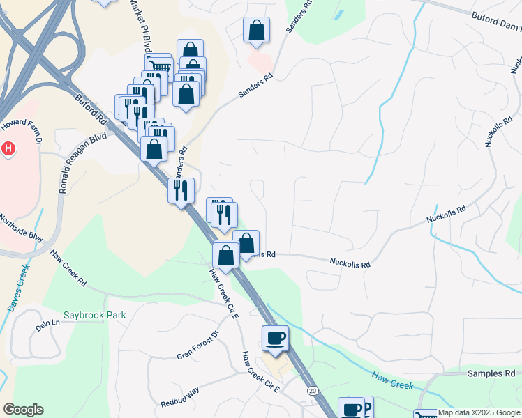 map of restaurants, bars, coffee shops, grocery stores, and more near 2771 Middlecreek Way in Cumming