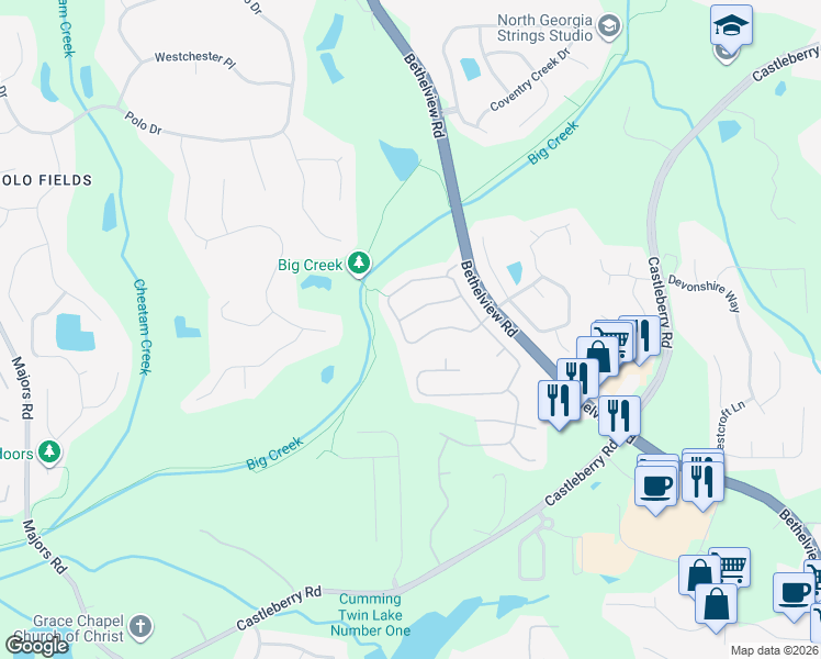 map of restaurants, bars, coffee shops, grocery stores, and more near 5620 Beaver Ridge Drive in Cumming
