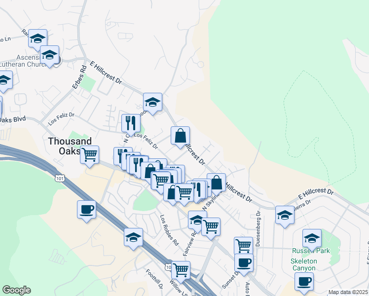 map of restaurants, bars, coffee shops, grocery stores, and more near 2502 East Hillcrest Drive in Thousand Oaks