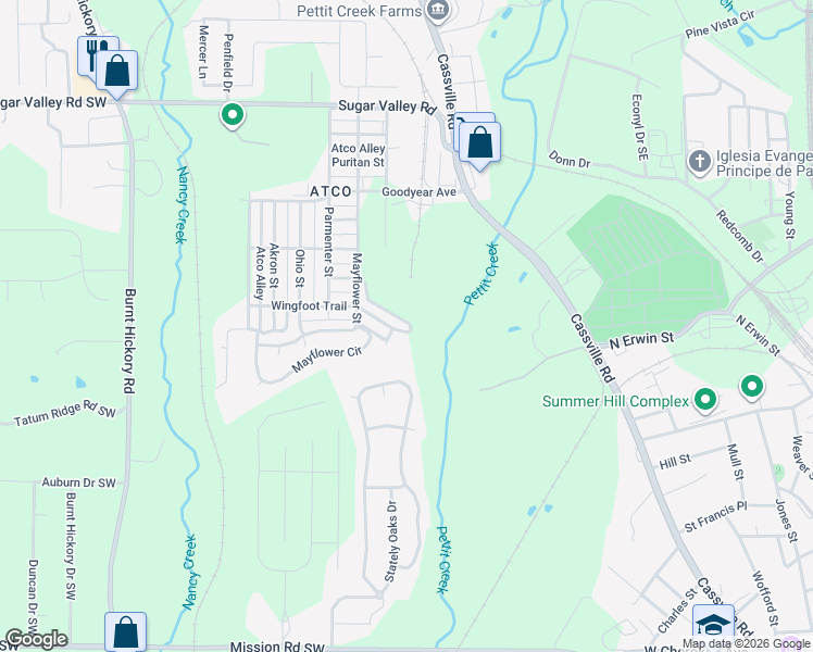 map of restaurants, bars, coffee shops, grocery stores, and more near 1 Wingfoot Trail in Cartersville