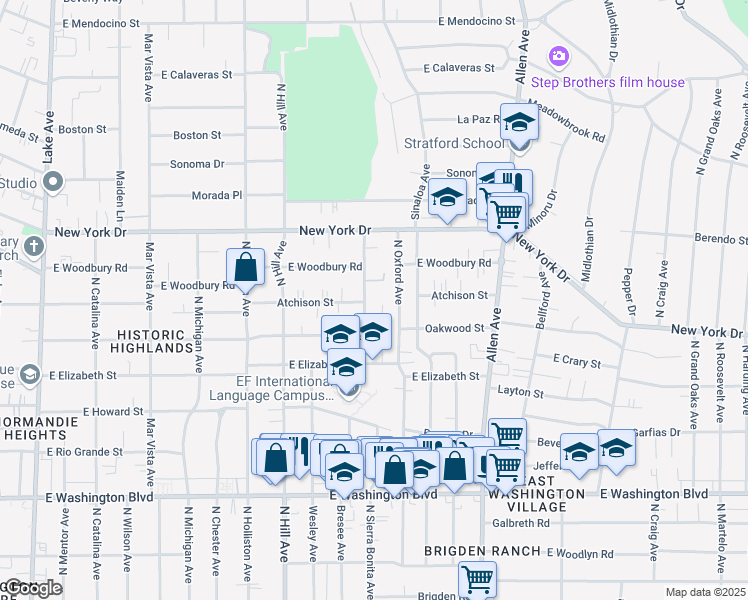 map of restaurants, bars, coffee shops, grocery stores, and more near 1736 North Sierra Bonita Avenue in Pasadena