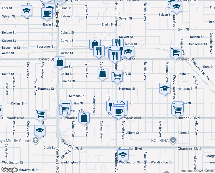 map of restaurants, bars, coffee shops, grocery stores, and more near 14135 Hatteras Street in Los Angeles