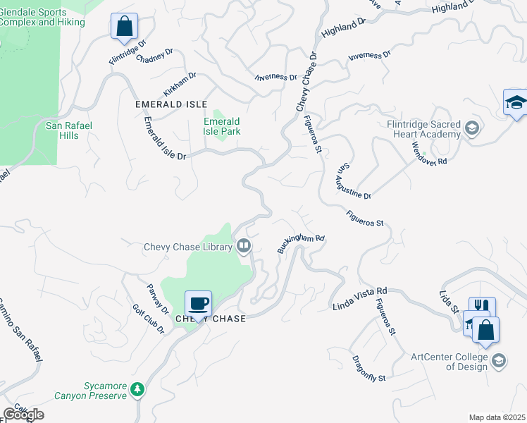 map of restaurants, bars, coffee shops, grocery stores, and more near 3411 East Chevy Chase Drive in Glendale