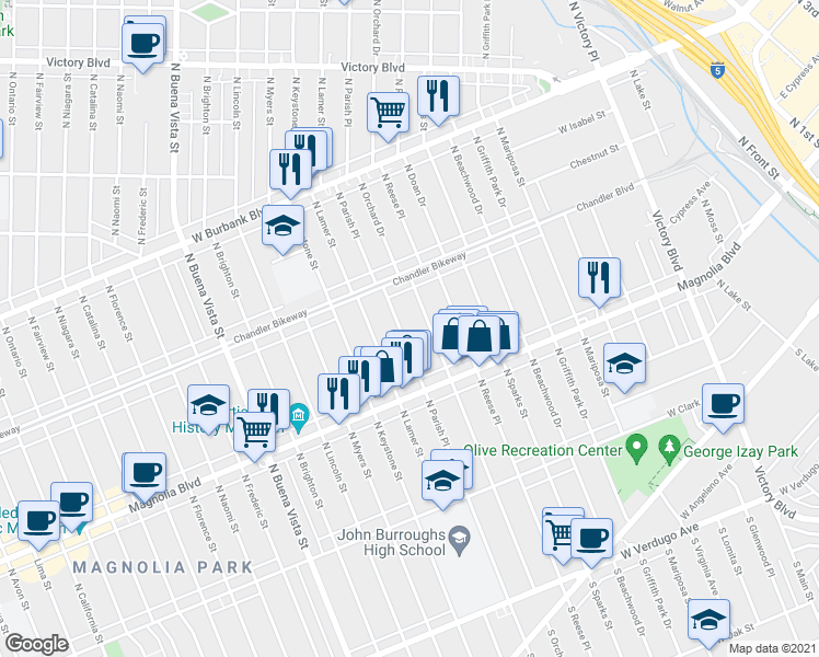 map of restaurants, bars, coffee shops, grocery stores, and more near 704 North Parish Place in Burbank