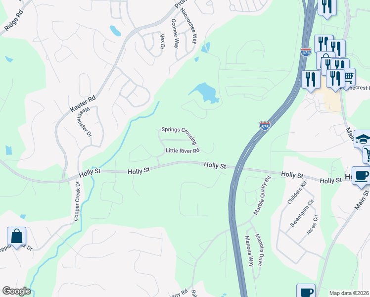 map of restaurants, bars, coffee shops, grocery stores, and more near 417 Little River Road in Canton