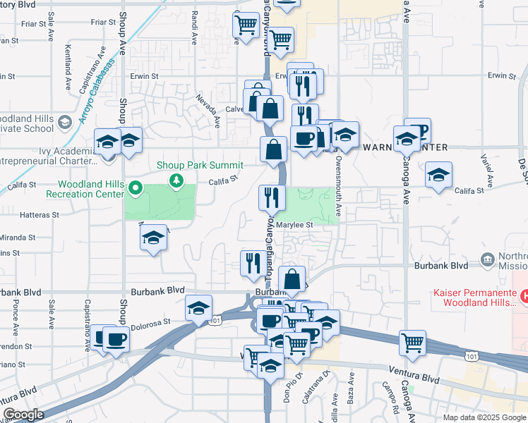 map of restaurants, bars, coffee shops, grocery stores, and more near 5807 California 27 in Los Angeles