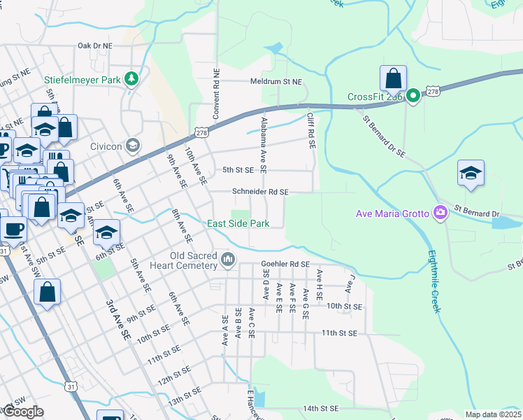 map of restaurants, bars, coffee shops, grocery stores, and more near 613 Alabama Avenue Southeast in Cullman