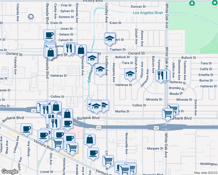 map of restaurants, bars, coffee shops, grocery stores, and more near 5744 Lindley Avenue in Los Angeles
