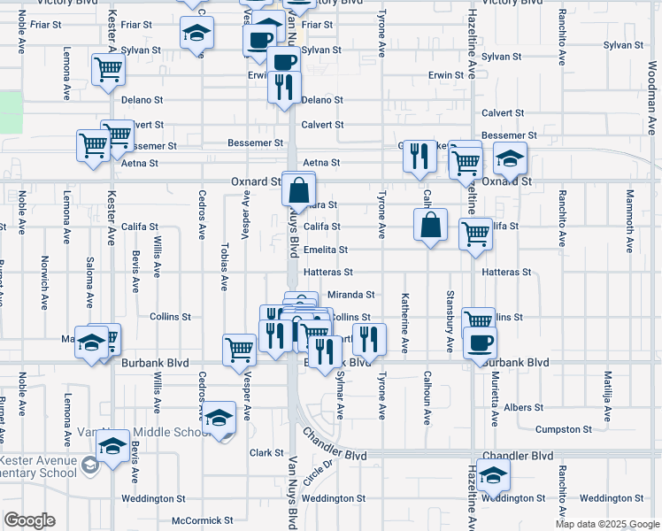 map of restaurants, bars, coffee shops, grocery stores, and more near 14409 Hatteras Street in Los Angeles