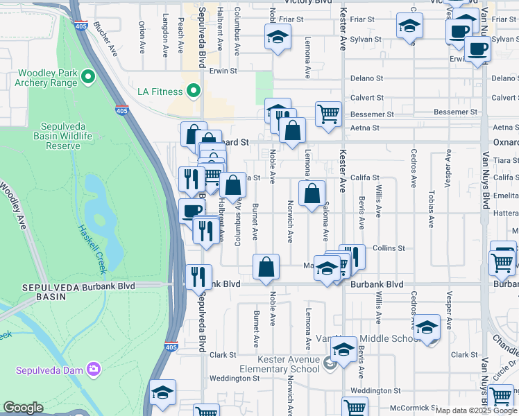 map of restaurants, bars, coffee shops, grocery stores, and more near 5806 Burnet Avenue in Los Angeles