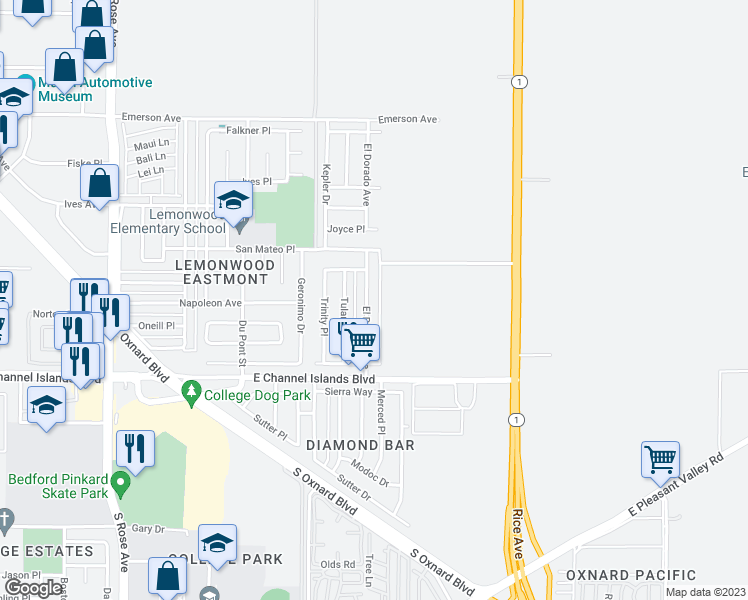 map of restaurants, bars, coffee shops, grocery stores, and more near 2500 El Dorado Avenue in Oxnard