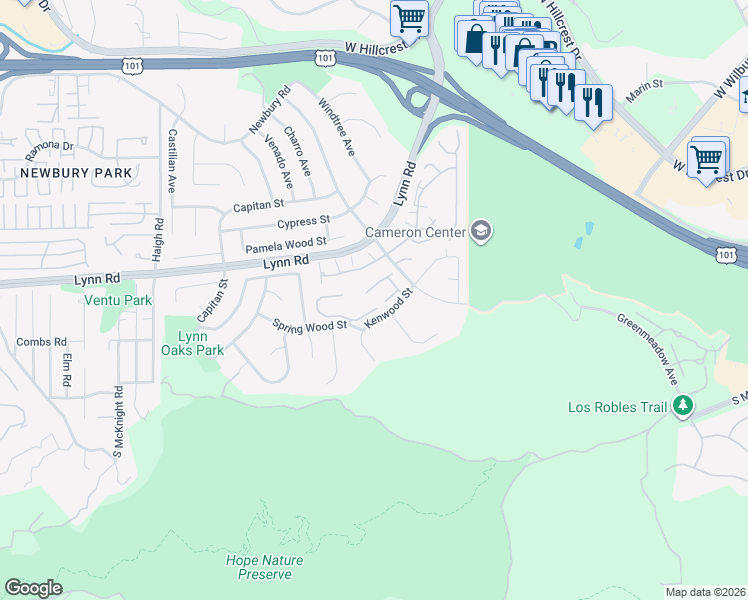 map of restaurants, bars, coffee shops, grocery stores, and more near 647 Blue Oak Avenue in Thousand Oaks