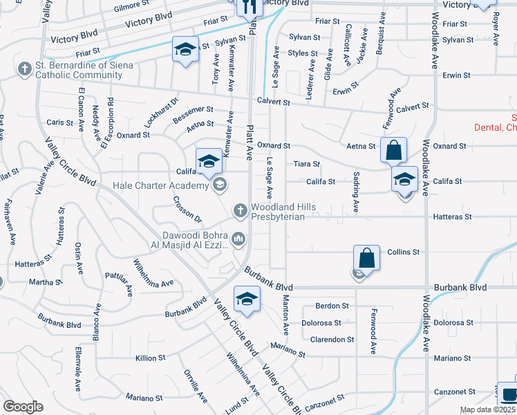 map of restaurants, bars, coffee shops, grocery stores, and more near 23648 Emelita Street in Los Angeles